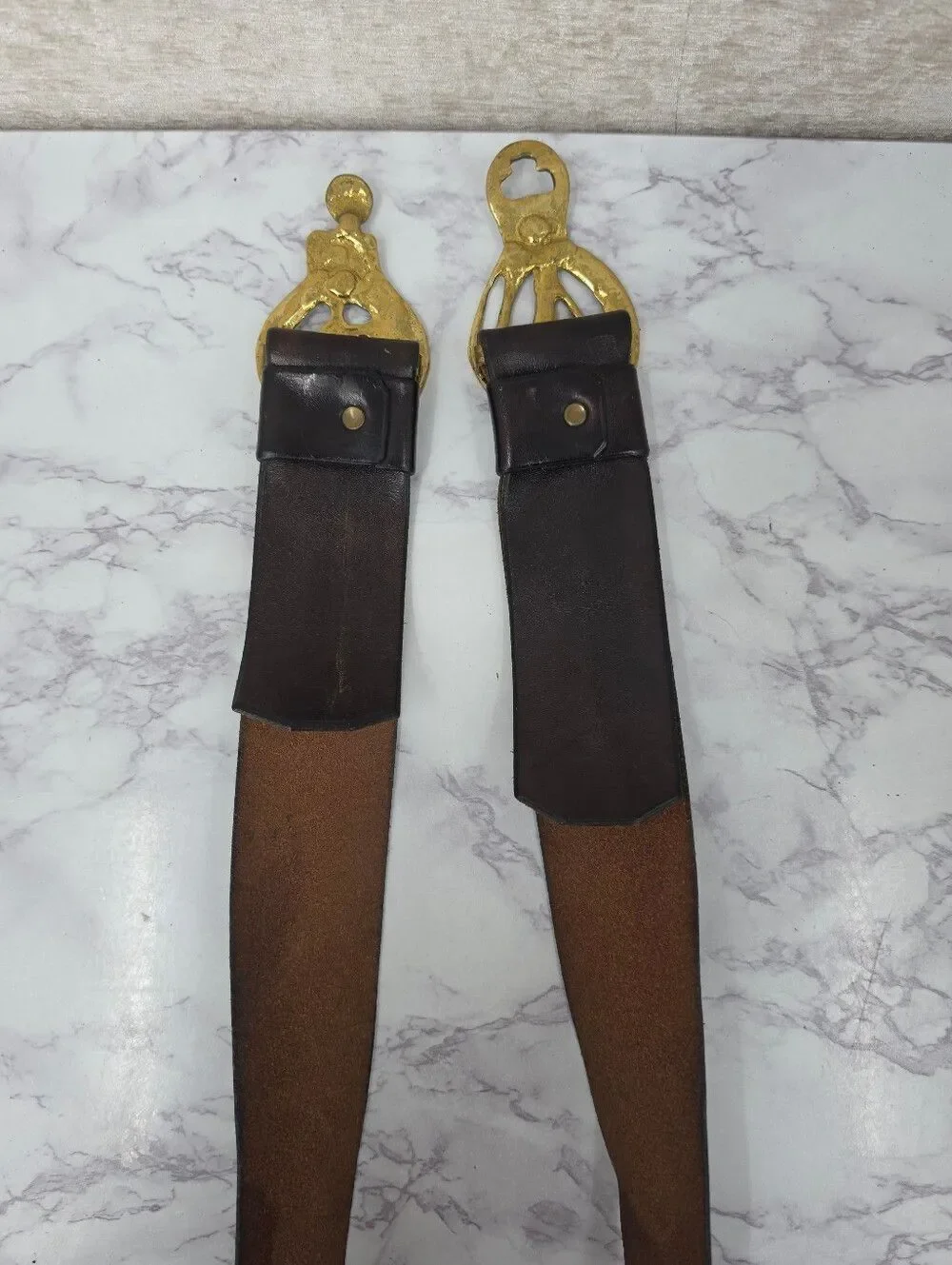 Vintage Deep Brown Leather Belt Gold Tone Brass Mod Brutalist Sculpted Buckles